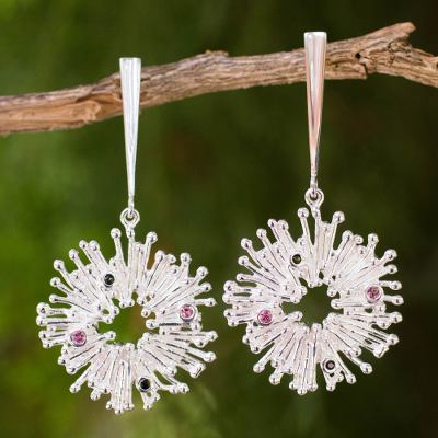 Tourmaline dangle earrings, 'Sea Urchins' - Hand Crafted Sterling Silver Earrings with Tourmalines
