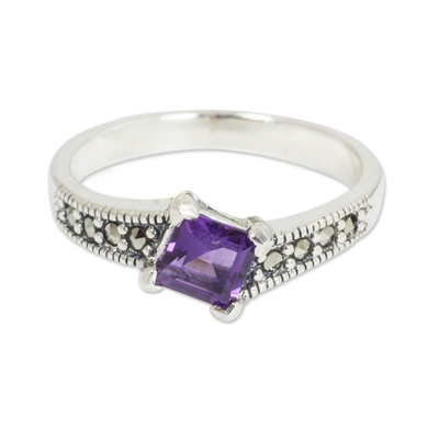 Amethyst solitaire ring, 'Deco Days' - Thai Amethyst and Marcasite Sterling Silver Solitaire Ring