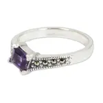 Amethyst solitaire ring, 'Deco Days' - Thai Amethyst and Marcasite Sterling Silver Solitaire Ring
