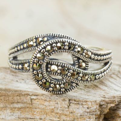 Marcasite cocktail ring, 'Magical Love Knot' - Artisan Crafted Thai Silver and Marcasite Ring