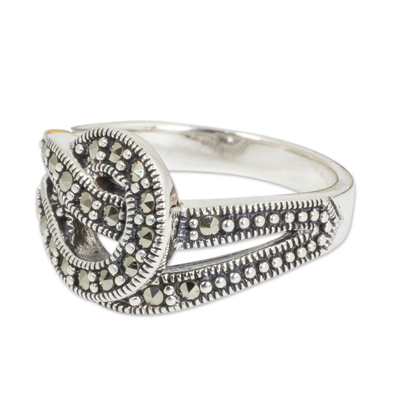 Marcasite cocktail ring, 'Magical Love Knot' - Artisan Crafted Thai Silver and Marcasite Ring