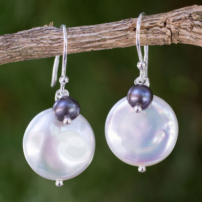 Cultured pearl dangle earrings, 'Pearly Moons' - Thai White and grey Cultured Pearl Dangle Earrings