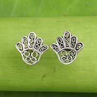 Sterling silver button earrings, 'The Hamsa Hand'