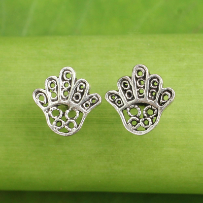 Sterling silver button earrings, 'The Hamsa Hand' - Hamsa Hand Symbol Sterling Silver Button Earrings