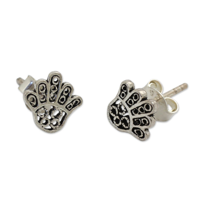 Sterling silver button earrings, 'The Hamsa Hand' - Hamsa Hand Symbol Sterling Silver Button Earrings
