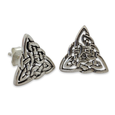 Sterling silver button earrings, 'Celtic Triangle' - Celtic Triangle Knot Button Earrings in Sterling Silver