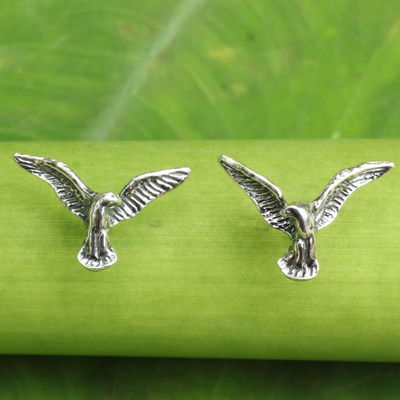 Sterling silver button earrings, 'Eagle's Flight' - Original Handmade Sterling Silver Eagle Button Earrings