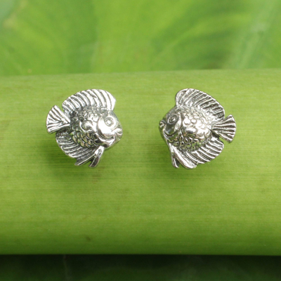 Sterling silver button earrings, 'Happy Fish' - Small Fish Button Earrings in Sterling Silver