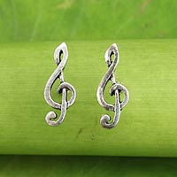 Sterling silver button earrings, 'Sol Key' - Musical Sol Key Note G Clef Earrings in 925 Sterling Silver
