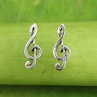 Sterling silver button earrings, 'Sol Key' - Musical Sol Key Note G Clef Earrings in 925 Sterling Silver