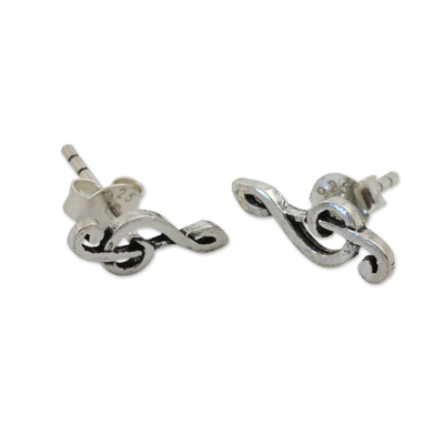Sterling silver button earrings, 'Sol Key' - Musical Sol Key Note G Clef Earrings in 925 Sterling Silver