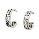Sterling silver half-hoop earrings, 'Thai Filigree' - Filigree Style Half Hoop Sterling Silver Earrings