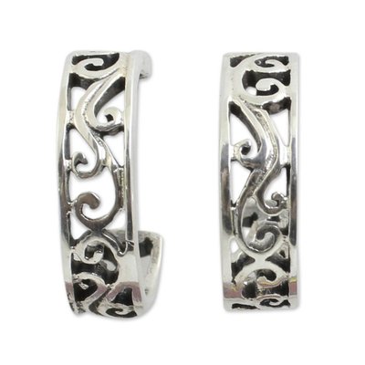 Sterling silver half-hoop earrings, 'Thai Filigree' - Filigree Style Half Hoop Sterling Silver Earrings