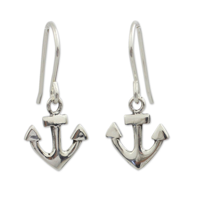 Sterling silver dangle earrings, 'Anchors Aweigh' - Handcrafted Sterling Silver Anchor Dangle Earrings