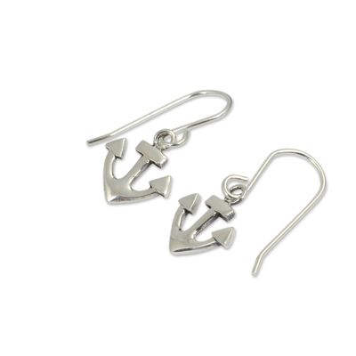 Sterling silver dangle earrings, 'Anchors Aweigh' - Handcrafted Sterling Silver Anchor Dangle Earrings