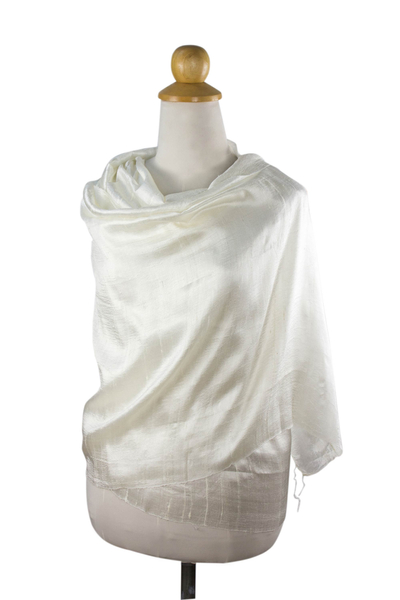 Silk shawl, 'Shimmering Cream' - Handwoven 100% Silk Cream Shawl from Thailand
