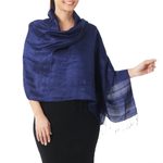 Silk shawl, 'Shimmering Indigo' - Deep Blue Handwoven Raw Silk Shawl from Thailand