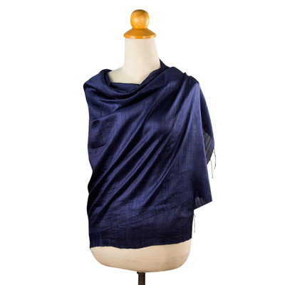 Silk shawl, 'Shimmering Indigo' - Deep Blue Handwoven Raw Silk Shawl from Thailand
