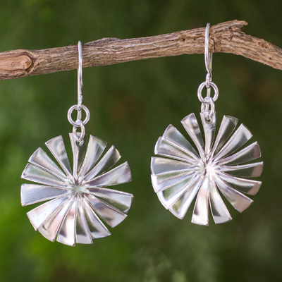 Sterling silver dangle earrings, 'Spinning Windmills' - Fair Trade Matte Sterling Silver Thai Dangle Earrings