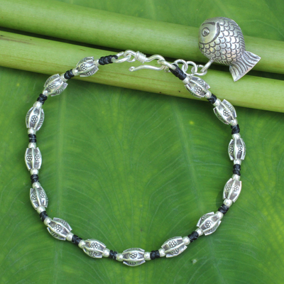 Beaded silver bracelet, 'Lucky Fish' - Hill Tribe Style Beaded Silver Bracelet with Fish Charm