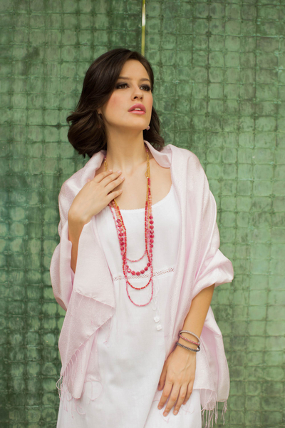 Rayon and silk blend shawl, 'Elegance in Pink' - Pale Pink Floral Jacquard Shawl of a Rayon/Silk Blend