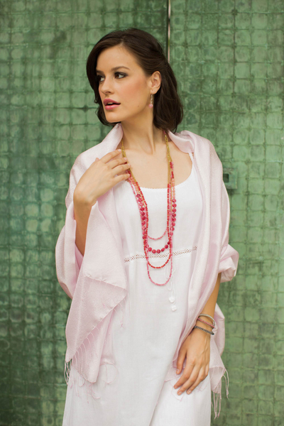 Rayon and silk blend shawl, 'Elegance in Pink' - Pale Pink Floral Jacquard Shawl of a Rayon/Silk Blend