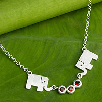 Garnet pendant necklace, 'Joyful Elephant'
