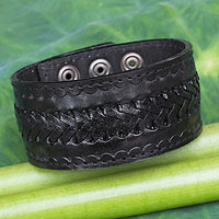 Men's leather wristband bracelet, 'Rugged Black'