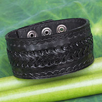 Handcrafted Men's Black Leather Wristband Bracelet, 'Rugged Black'