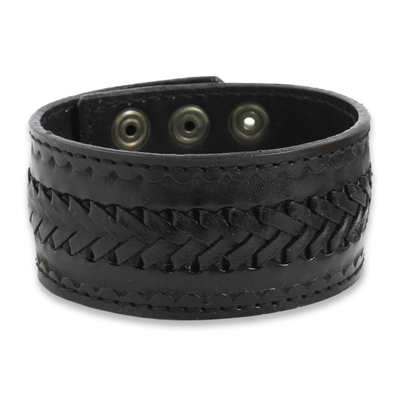 Men's leather wristband bracelet, 'Rugged Black' - Handcrafted Men's Black Leather Wristband Bracelet