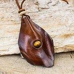 Men's Leather Wood and Tiger's Eye Pendant Necklace, 'Thai Cowboy'