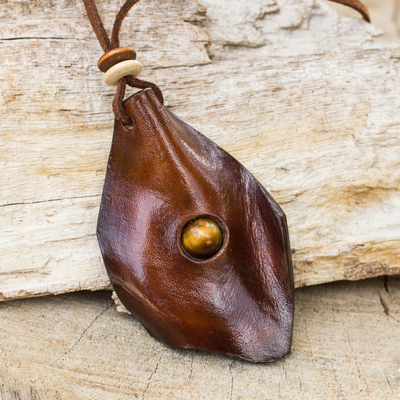 Men's tiger's eye and leather necklace, 'Thai Cowboy' - Men's Leather Wood and Tiger's Eye Pendant Necklace