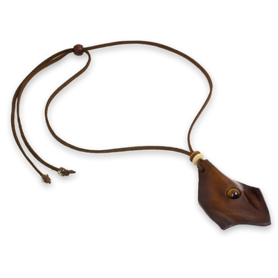 Men's tiger's eye and leather necklace, 'Thai Cowboy' - Men's Leather Wood and Tiger's Eye Pendant Necklace