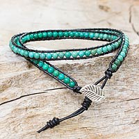 Turquoise and leather wrap bracelet, 'Hill Tribe Blue' - Artisan Crafted Thai Turquoise Leather Wrap Bracelet 
