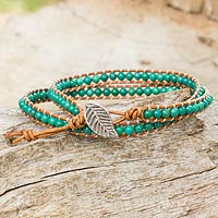 Turquoise and leather wrap bracelet, 'Tribal Blue'