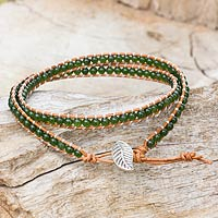 Quartz and leather wrap bracelet, 'Hill Tribe Forest' - Handcrafted Thai Brown Leather Bracelet with Green Quartz