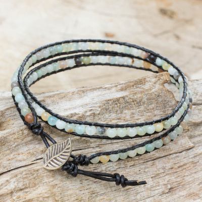 Amazonite and leather wrap bracelet, 'Hill Tribe Dew in Black' - Artisan Crafted Amazonite and Leather Beaded Wrap Bracelet