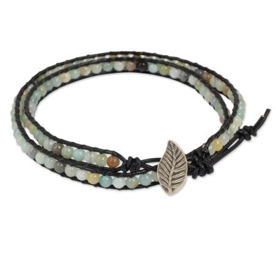 Amazonite and leather wrap bracelet, 'Hill Tribe Dew in Black' - Artisan Crafted Amazonite and Leather Beaded Wrap Bracelet