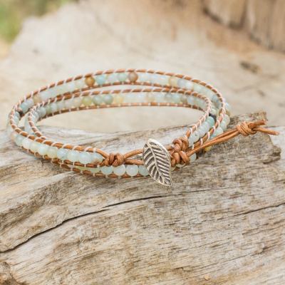 Amazonite and leather wrap bracelet, 'Hill Tribe Dew in Brown' - Fair Trade Amazonite and Leather Beaded Wrap Bracelet