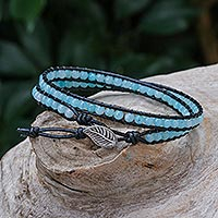 Quartz and leather wrap bracelet, 'Hill Tribe Ice in Black'