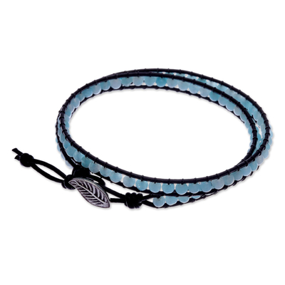 Quartz and leather wrap bracelet, 'Hill Tribe Ice in Black' - Thai Silver Leaf on Black Leather Bracelet with Blue Quartz