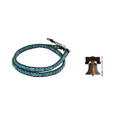 Quartz and leather wrap bracelet, 'Hill Tribe Ice in Black' - Thai Silver Leaf on Black Leather Bracelet with Blue Quartz