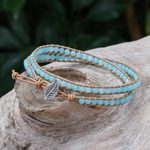 Quartz and leather wrap bracelet, 'Hill Tribe Ice in Brown' - Blue Quartz and Brown Leather Hand Made Wrap Bracelet