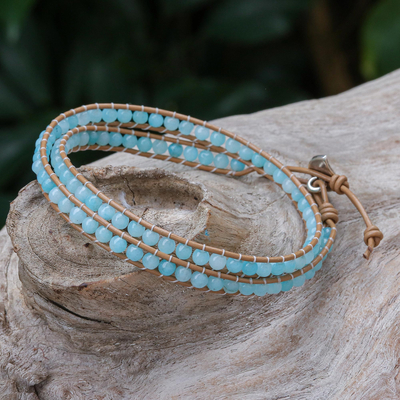 Quartz and leather wrap bracelet, 'Hill Tribe Ice in Brown' - Blue Quartz and Brown Leather Hand Made Wrap Bracelet