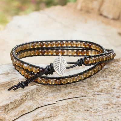 Agate and leather wrap bracelet, 'Hill Tribe Sun' - Handcrafted Thai Black Leather Bracelet with Golden Agate