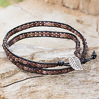Quartz and leather wrap bracelet, 'Hill Tribe Lands in Black' - Women's Leather and Quartz Beaded Bracelet 