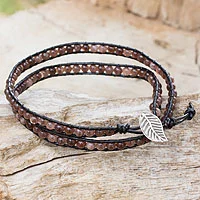 Quartz and leather wrap bracelet, 'Hill Tribe Lands in Black' - Hand Crafted Black Leather Bracelet with Brown Quartz Beads