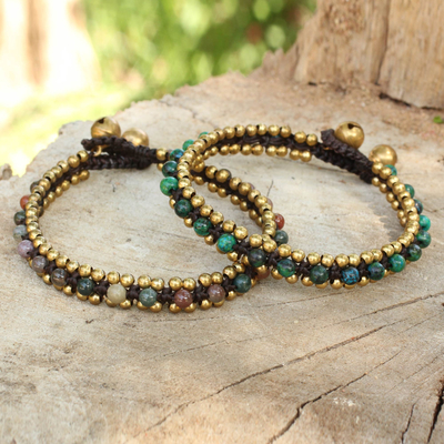 Serpentine and agate bracelets, 'Happy Times' (pair) - Fair Trade Beaded Bracelets with Serpentine and Agate (Pair)