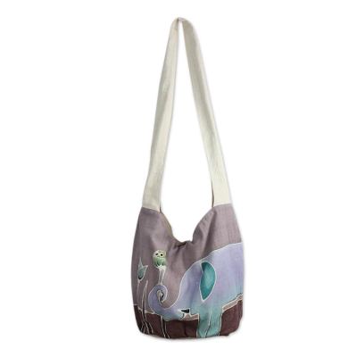 Cotton batik shoulder bag, 'Gentle Elephant' - Purple Cotton Batik Shoulder Bag with Elephant Motif