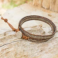 Silver and leather wrap bracelet, 'Satkona Yantra' - Silver Hindu Hexagram on Beaded Leather Wrap Bracelet